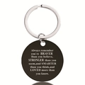 Detail of round black stainless steel keychain with engraved inspirational quote text - Courage Quote Style (Y00011)