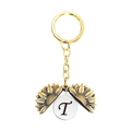 Détail d'un porte-clés tournesol ouvert avec disque argenté et lettre T gravée - Style Lettre T (T00044) / Or