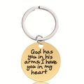 Porte-clés rond doré en acier inoxydable avec gravure God has you in his arms - Citation Bras de Dieu (Y00013)