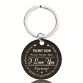Detail of round black stainless steel keychain with laser engraved inspirational text for son - Inspirational Gift for Son Style (Y00020)