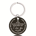 Detail of round black stainless steel keychain with engraved quote and crown symbol - Warm Gift for Daughter Style (Y00021)