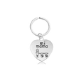 Detailed close-up of polished heart-shaped stainless steel keychain with mi mama engraving - Mother And Three Children Style (X00017) / Silver