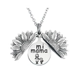 Macro detail of sunflower locket necklace with mi mama engraving and mother-child icon - Silver Style 3 (T00069) - Mi Mama Mother Son