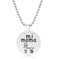 Detail of silver titanium pendant with 'mi mama' engraving and mother-child illustration - Mother Daughter Cartoon Style (Silver)