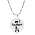Detail of silver round pendant with mi mama engraving and mother-child drawing on bead chain - Mother Son Holding Hands Style (Silver)