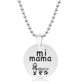 Detail of silver steel necklace with mi mama text and mother child engraving - Mother Three Kids Sketch Style (Silver)