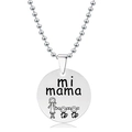 Detailed view of round stainless steel pendant with mi mama engraving and bead chain - Mother Two Kids Sketch Style (Silver)