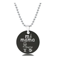 Detail of round black pendant with mi mama text and mother child drawing on bead chain - Mother Daughter Cartoon Style (Black)