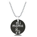 Detail of round black pendant necklace with Mi Mama text and mother-child drawing - Mother Son Holding Hands Style (Black)