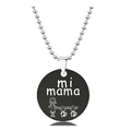 Detail of bead chain necklace featuring black pendant with mi mama text and family engraving - Mother Two Kids Sketch Style (Black)