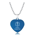 Primer plano de colgante corazón de acero inoxidable con estrella de vida y texto diabetes - Estilo Azul Diabetes Tipo 1 (X00019)