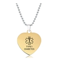 Detalle del collar de alerta médica en forma de corazón para diabetes tipo 1 con cadena - Estilo Dorado Diabetes Tipo 1 (X00019)