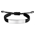 Close-up of a braided black cord bracelet with a polished rectangular stainless steel plate - Black Rope / Silver Metal