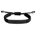 Macro detail of adjustable black braided rope bracelet with a custom engravable metal ID tag - Black Rope / Black Metal