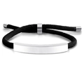Close-up of adjustable black braided cord bracelet with polished silver curved metal plate - Black Rope / Silver Metal