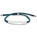 Detail of dark green woven rope bracelet with adjustable closure and polished metal plate - Blue Rope / Silver Metal