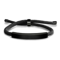 Detail of black woven rope bracelet featuring a matte black adjustable metal bar insert - Black Rope / Black Metal