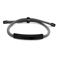 Close-up of minimalist grey woven rope bracelet with black curved metal bar detail - Gray Rope / Black Metal