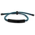 Macro view of a braided teal rope bracelet with an adjustable black metal plate detail - Blue Rope / Black Metal