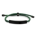 Detail of dark green braided rope bracelet with polished black metal ID tag and clasp - Green Rope / Black Metal
