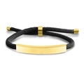 Detail of adjustable black braided bracelet with polished gold-tone curved metal bar - Black Rope / Gold Metal