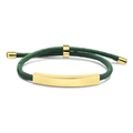Detail of dark green woven bracelet with polished gold metal plate and adjustable cord - Green Rope / Gold Metal