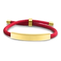 Detail of red braided rope bracelet featuring a polished gold curved metal plate - Red Rope/Gold Metal