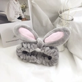 Cute grey plush bunny ear headband with pink inner ear accents for makeup and skincare - Gray