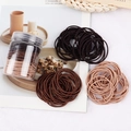Three earth-toned elastic hair ties with a clear lidded storage jar on a magazine page - Thin Style Coffee Series