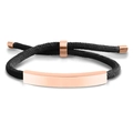 Braided black cord bracelet featuring a polished rose gold curved metal plate - Black Rope / Rose Gold Metal
