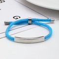 Adjustable bright blue braided nylon bracelet with polished silver stainless steel plate - Light Blue Rope / Silver Metal