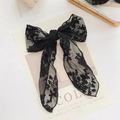 Eleganter schwarzer Spitzenbogen Haarclip mit Blumenstickerei im französischen Vintage-Stil - Schwarze Spitze Haarklammer