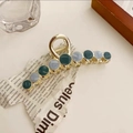 Dettaglio del grande fermaglio per capelli in metallo dorato con perle retrò verdi e blu - Blu Verde-11cm