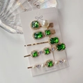 Detalle del juego de 5 pinzas para el cabello esmeralda con perlas y baño de oro - Juego de pinzas para el cabello / Esmeralda