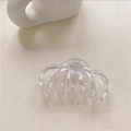 Macro view of transparent iridescent hair claw clip with light polarized coating - Holographic White