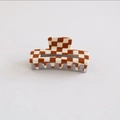 Detailed close-up of brown checkerboard acetate hair claw clip with glossy finish - Brown Checkerboard with Grey