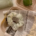 White chiffon floral scrunchie with green polka dots in a rustic gift box setting - Green Small Polka Dot