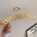 Detailaufnahme einer goldfarbenen Haarklammer aus Metall mit chinesischen Schriftzeichen - Gold Geld Muster