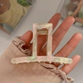 Extra large rectangle hair claw clip with pearlescent acetate finish and gold metal spring - Beige and Green