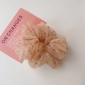 Apricot pink chiffon scrunchie with brown heart patterns in a stylish pleated design - Light Coffee Heart Mesh