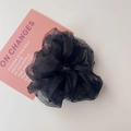 Chiffon scrunchie in black mesh polka dot pattern for women's bun hairstyles - Black Heart Mesh