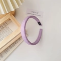 Detail of light purple fabric headband with handmade label and pleated texture - Fabric Headband / Purple