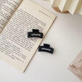 Détail macro de deux pinces à cheveux rectangulaires noires mates sur un livre - Carré Noir