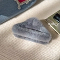 Detailed view of an 11cm large grey plush shark hair claw clip for thick hair styling - Triangle / Haze Blue