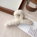 Close-up of cream-white plush claw clip with soft faux fur texture on striped fabric - Large Size 14CM / Beige