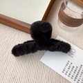 Close-up of soft black plush hair claw clip on aesthetic beige textured background - Large Size 14CM / Black