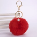 Macro detail of red faux rabbit fur pom pom keychain with sparkling crystal pave ball - 8cm Pompom / Red