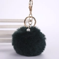 Detail of dark green faux rabbit fur ball keychain with sparkling rhinestone ball and gold clip - 8cm Pompom / Dark Green