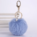 Detail of lavender faux rabbit fur pom pom keychain with sparkling crystal rhinestones - 8cm Pompom / Light Blue