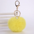 Bright yellow faux rabbit fur keychain with sparkling rhinestone ball and gold metal clip - 8cm Pompom / Yellow